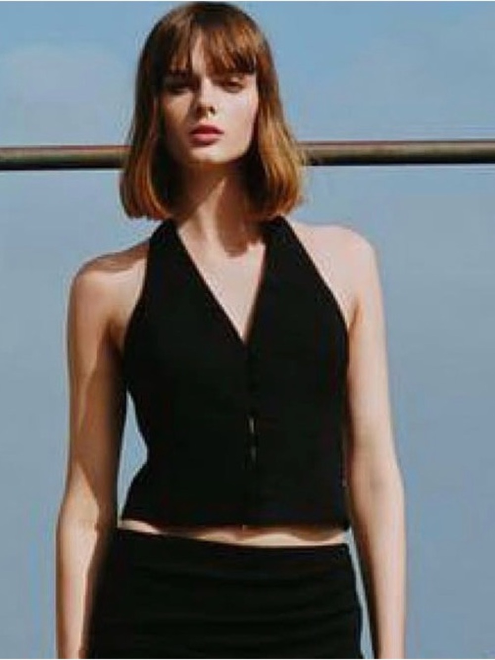 Zara Black Halter Crop Top with Front Buttons
